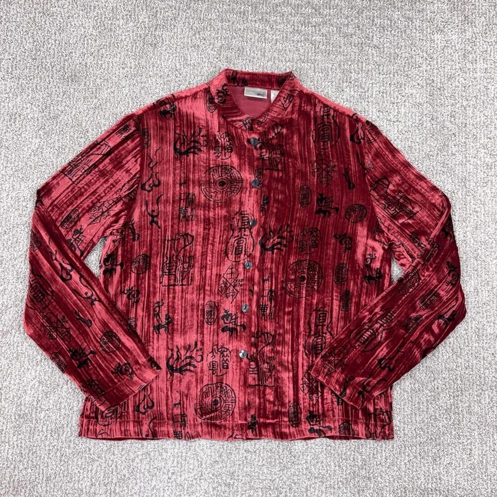 Chicos Blouse Womens Small Red Velvet Button Silk Blend Artsy Boho Retro